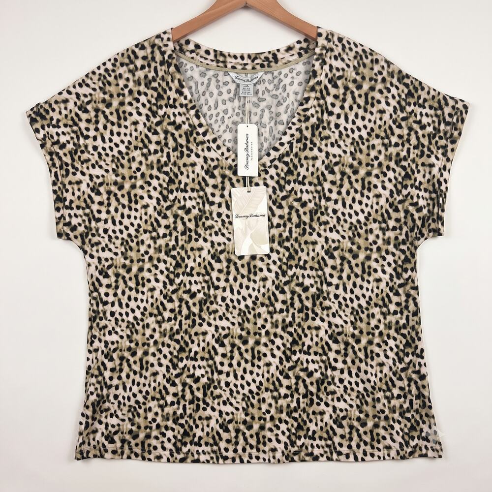 NWT Tommy Bahama Womens L Resortwear Vacation Casual Tencel Leopard V-Neck Tee